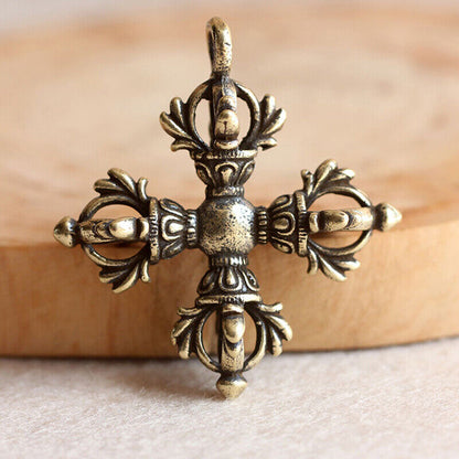 Vintage Brass Cross Vajra Diamond Pestle Key Chain Pendant Car Bag Ornaments