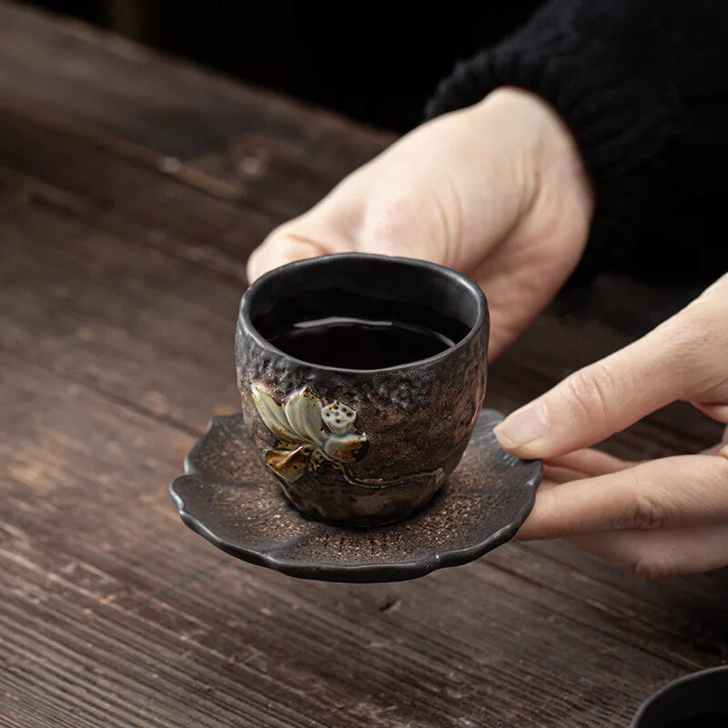 Lotus Incense Coaster Gilding Iron Glaze Vintage Ceramic Teacup Mat Cup Saucer