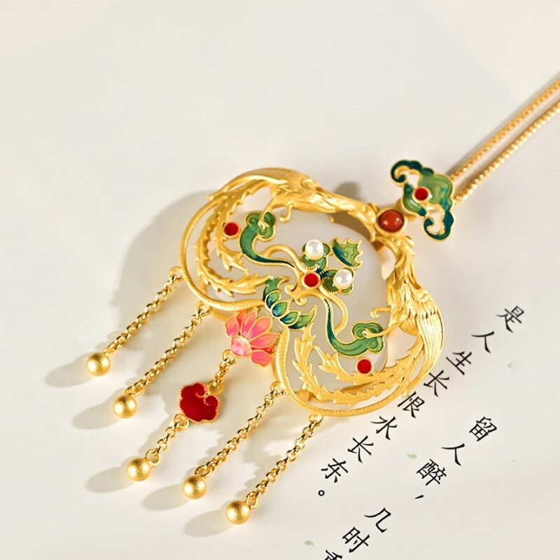 Natural Haitian Jade Palace Style Enamel Porcelain Phoenix Pendant Luxury Tassel -