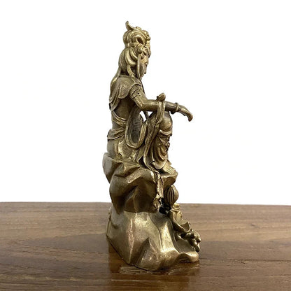 12.3cm Bronze Handcarved Leisurely Guan Yin Buddha Statue Collection Ornament