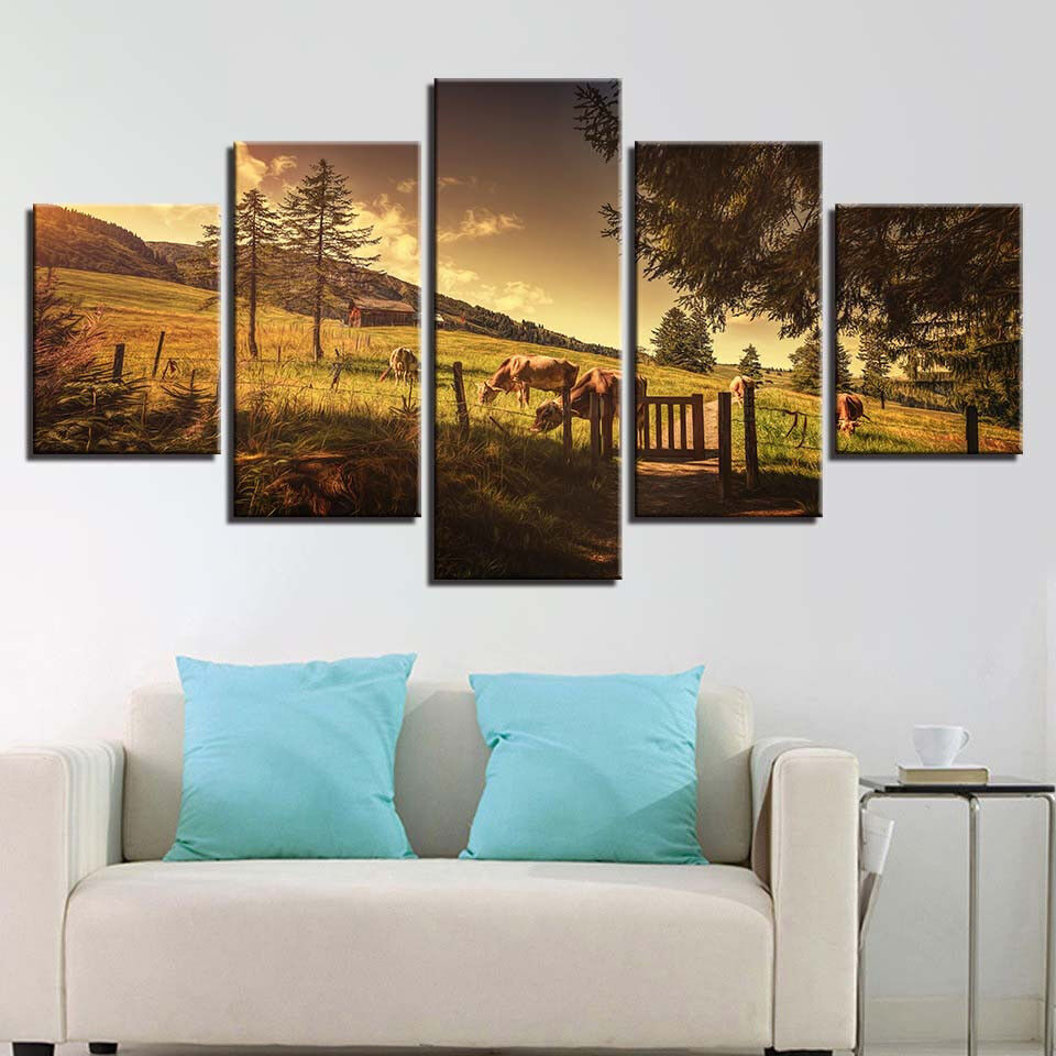 Herd Cow Ranch Cabin Pastoral Landscape 5 Panel Canvas Print Wall Art Home Deco