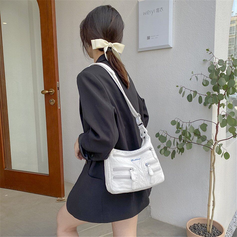 Sheepskin Leather Shoulder Bag Many Pockets Casual Crossbody Women Purse Handbag