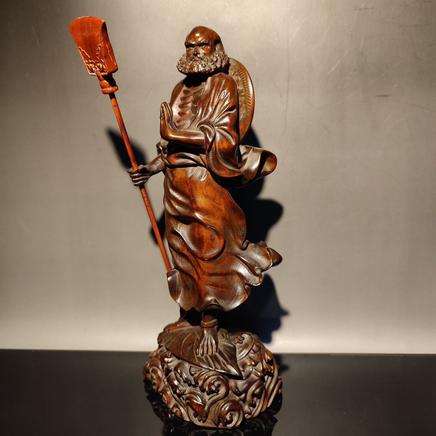 wood boxwood Carved sculpture buddha Dharma Arhat statue Demon Subduing decor