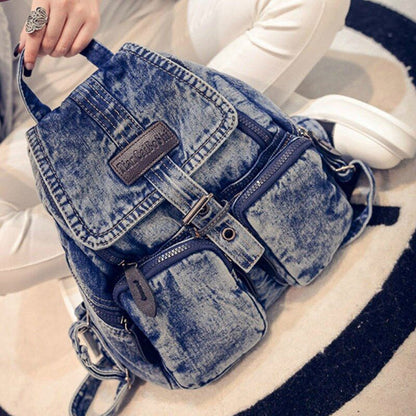 Women Fashion Denim Washed Retro Student School Bag Denim Backpack 30*32*12 CM
