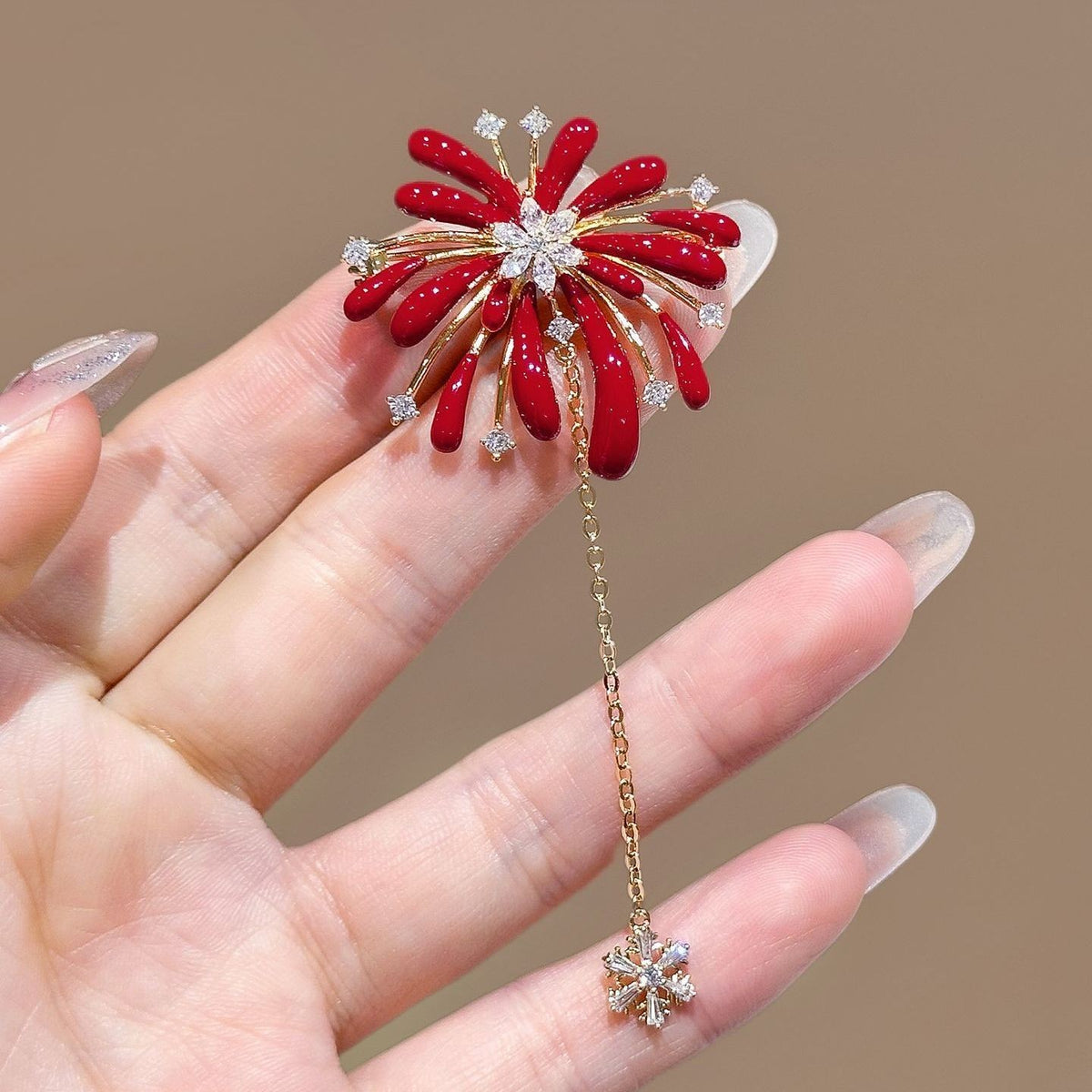 Red Enamel Firework Brooch Zircon Tassel Pin