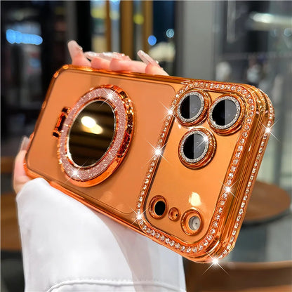 Luxury Rhinestone Magnetic Stand Silicone Case for iPhone 17/16/15/14/13/12/11