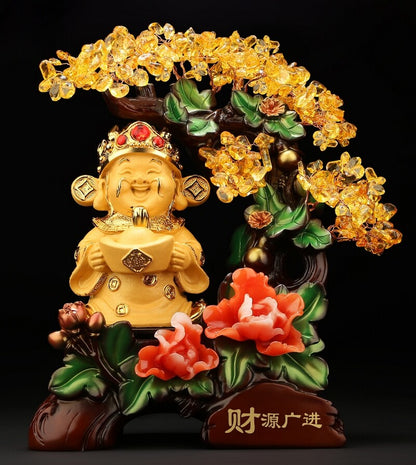 9" Yellow Crystal Chinese Money Tree Wealth God Bonsai Statue Feng Shui Decor