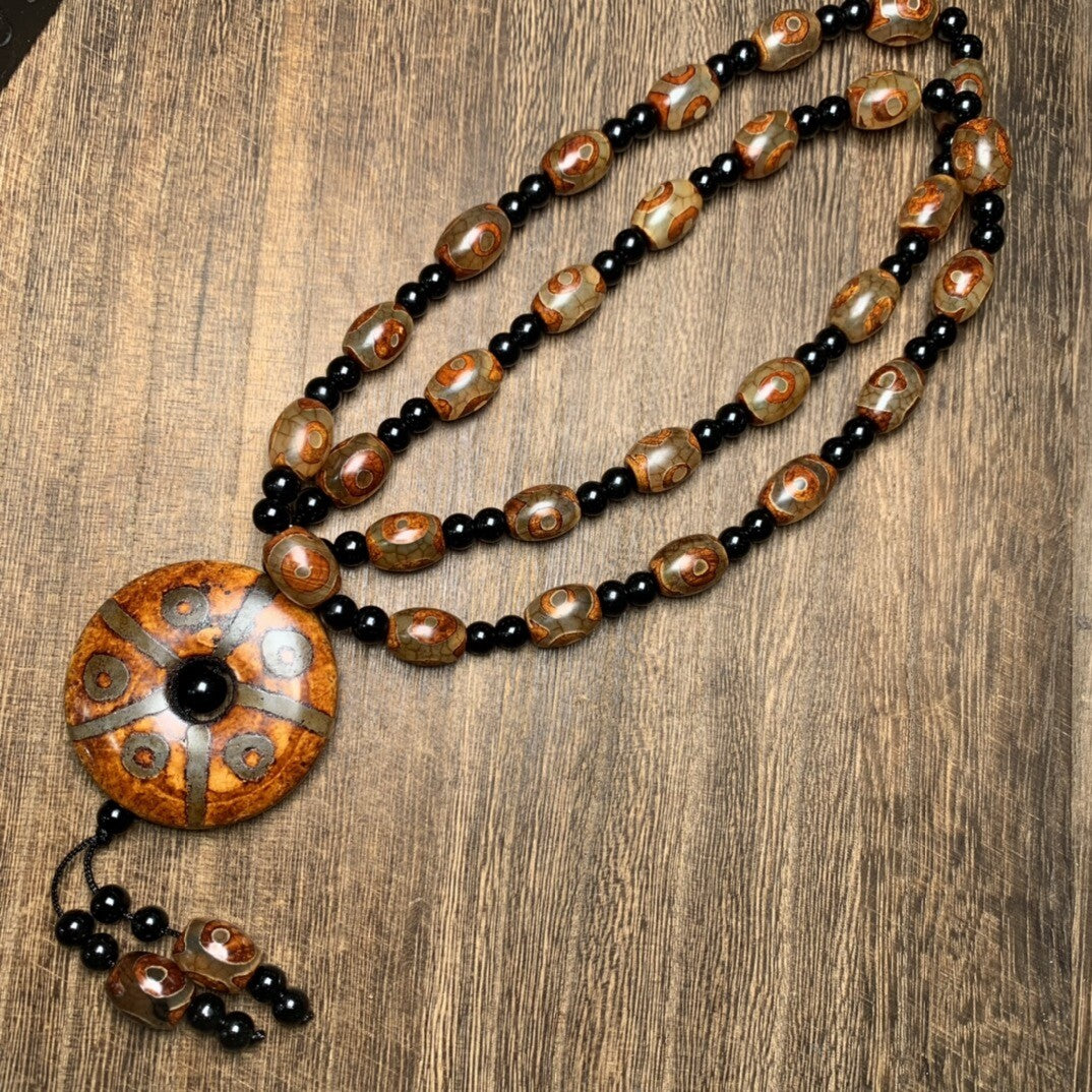 Tibetan Style Old Agate Three Eyes/TenEyes Pingan Knot Dzi Bead Amulet Pendant
