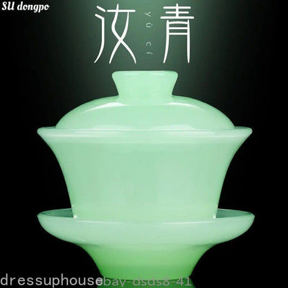 Ru Qing Celadon Porcelain Covered Bowl - Tianquan Chinese Gaiwan Tea Cup Large