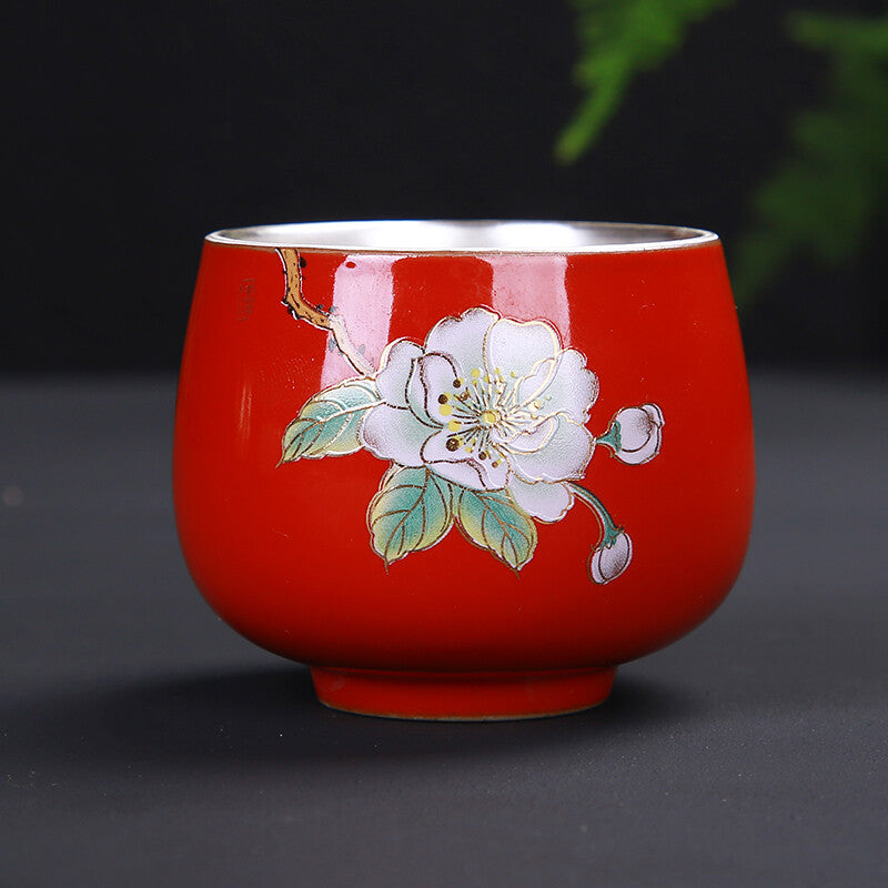 70ml Porcelain Glaze Silver Tea Cup Floral Painted Glaze Under Cups Tea Set