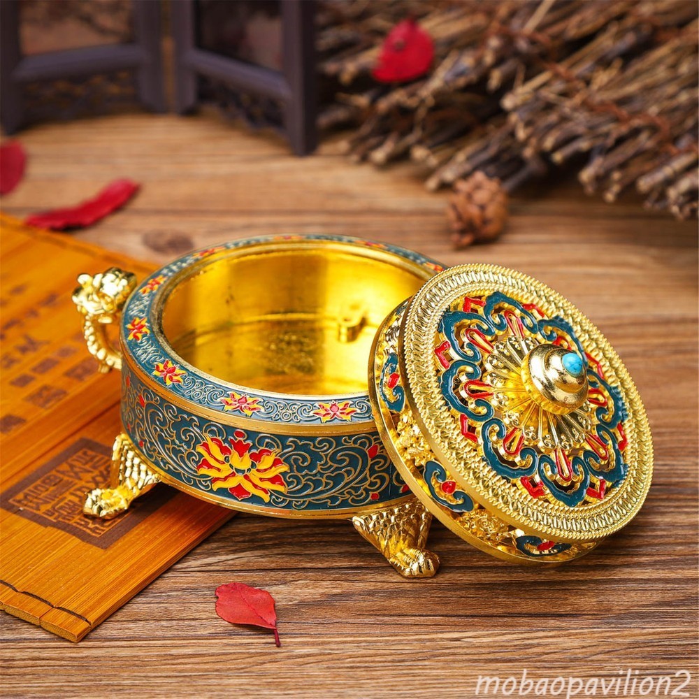Tibetan Golden Incense Burner Holder Sticks Cones Coils Lotus Buddhism Decor