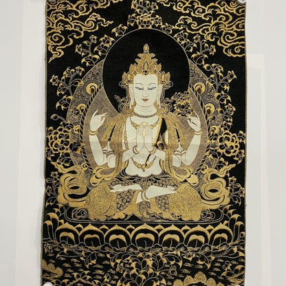 35" Decor Silk Cloth Embroidery black gold 4 Arm kwan yin thangka Mural guanyin