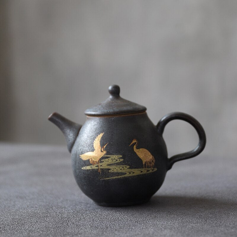 210ml Chinese Kung Fu Tea Pots Retro Gold Painting Ceramic Teapot Flying Crane