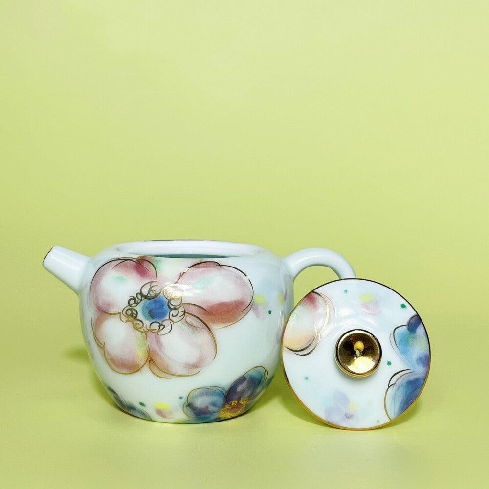 Hand Painted Tea Pot + 2 Matching Tea Cups Thin Glaze Porcelain Pot With Infuser