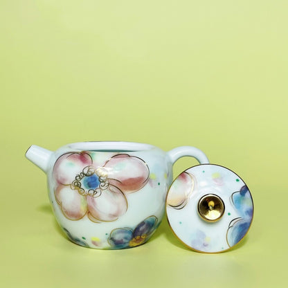 Hand Painted Tea Pot + 2 Matching Tea Cups Thin Glaze Porcelain Pot With Infuser