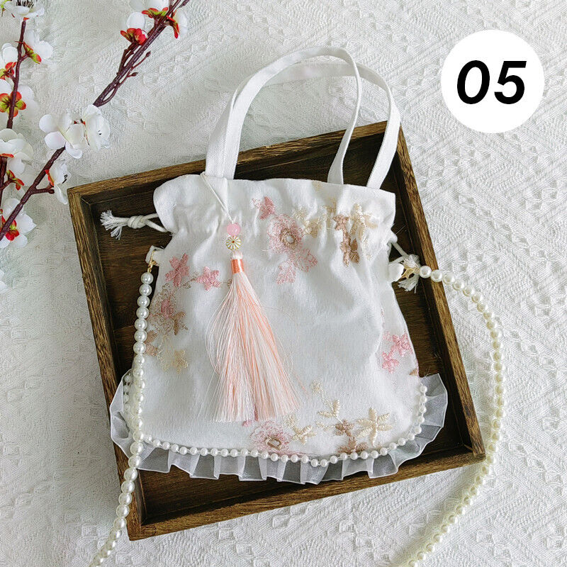 Pearl Floral Hanfu Bag Ancient Purse Embroidery Ruffle Drawstring Handbag Wallet