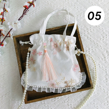 Pearl Floral Hanfu Bag Ancient Purse Embroidery Ruffle Drawstring Handbag Wallet