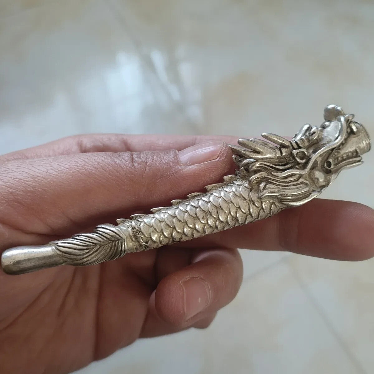 China Tibetan Copper Dragon Head Pipe Smoking Tool Statue Tobacco Smoking Tool