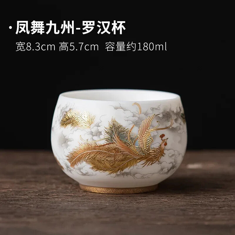 Sheep Fat Jade Porcelain Tea Set Cup Dragon and Phoenix Pairs Cup Tea Set