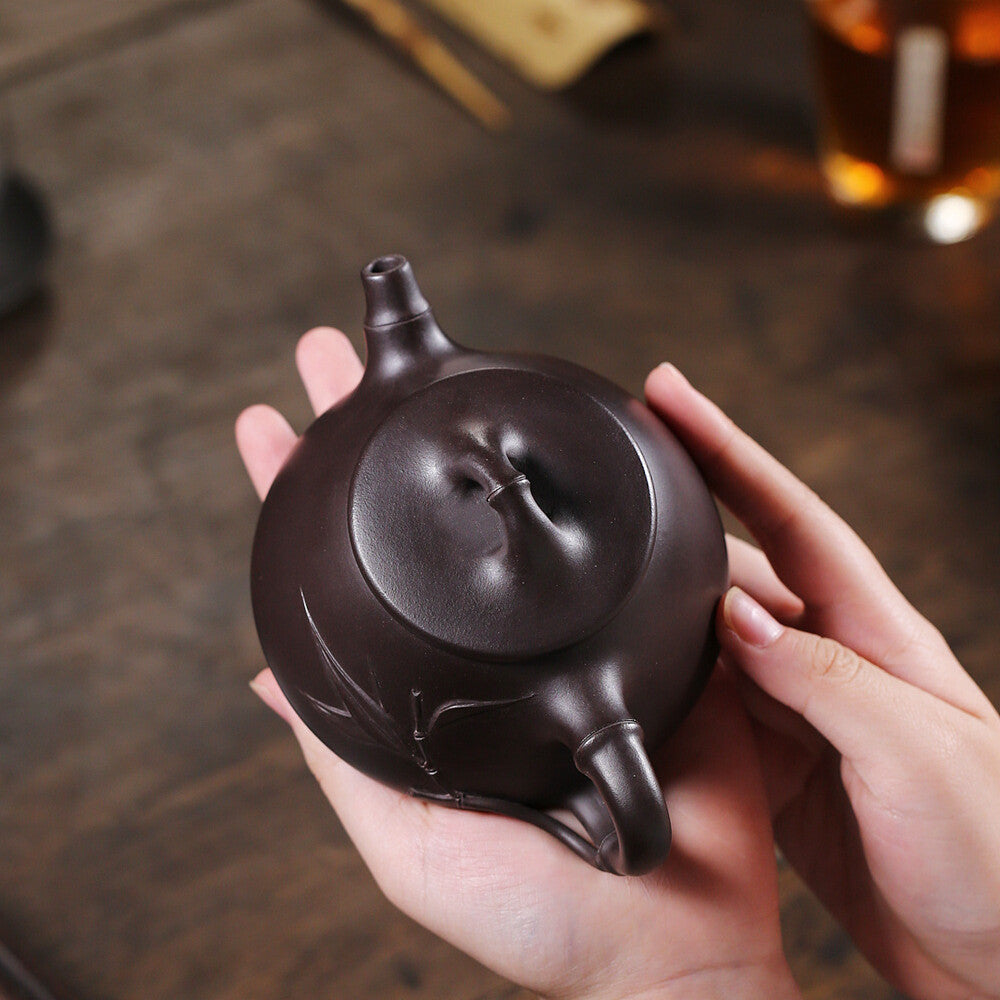Full Handmade Tea Pot Bamboo Carved Marked Real Yixing Zisha Old Purple Clay Pot