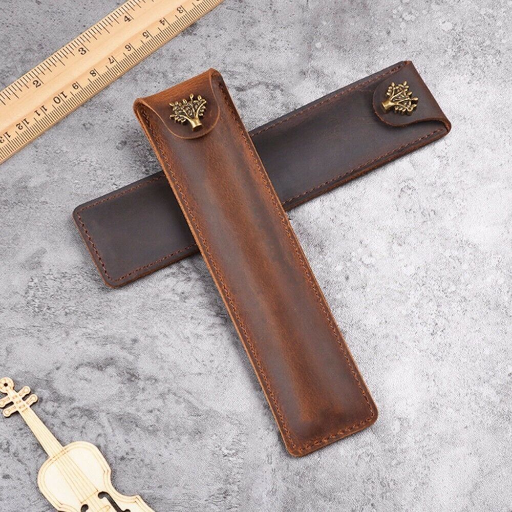 Handmade Cowhide Leather Vintage Single Pen/Pencil Case Stationery Storage Bag
