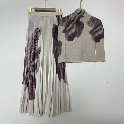 Spring Miayke Long Sleeve Women'S T-Shirt Bottomed Blouse+Pleated Skirt
