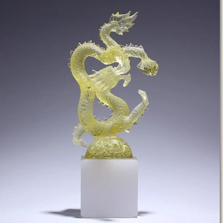 9" Chinese Liu Li Feng Shui Decor Crystal Dragon Statue Office