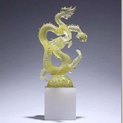 9" Chinese Liu Li Feng Shui Decor Crystal Dragon Statue Office