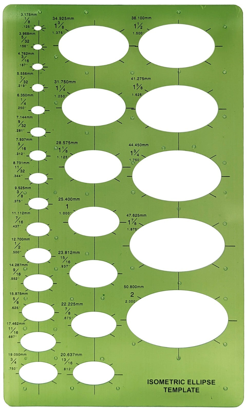 Isometric Ellipse Template, 35° 16' Projections Ranging from 1/8" to 2"