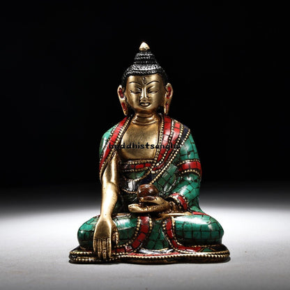 4.8" Old China Antique Pure Copper Inlay Gem Color Painting Buddha Statue
