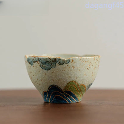 85ml Handpainted Tracing Gold Green Mountain Teacup Tea Bowl Tea-tasting Cup