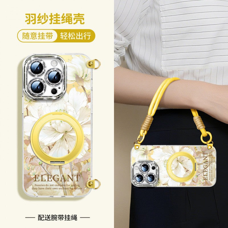 For iPhone 16 Pro/15/14/13 Flower Phone Case with Lanyard/Stand/Crossbody Strap