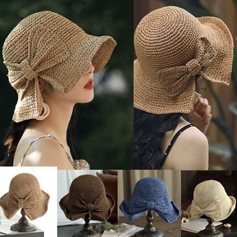Women Vintage Fashion Folding Straw Bucket Hat Braid Summer Beach Sun Hat w/ Bow