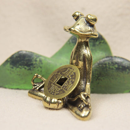 Retro Brass Meditate Zen Buddhism Frog Statue With Ancient Chinese Coins Lucky