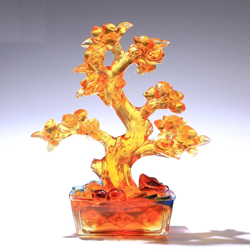 Chinese Liu Li Crystal Ingot Tree Statue Feng Shui Wealth Money Gift Decor