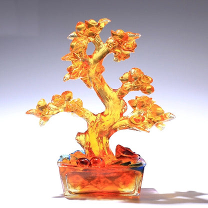 Chinese Liu Li Crystal Ingot Tree Statue Feng Shui Wealth Money Gift Decor