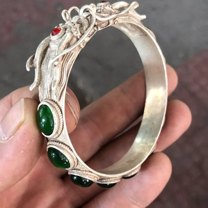 Ancient China Qing Dynasty Antique Dragon Bangle Colect Inlaid Gemstone Bracelet