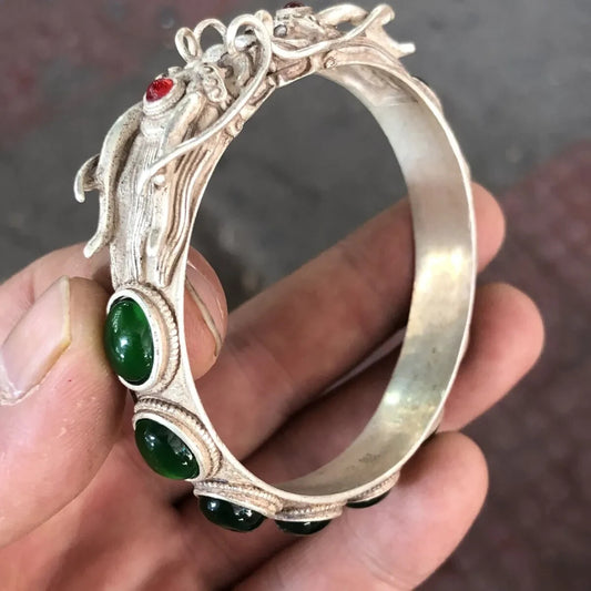 Ancient China Qing Dynasty Antique Dragon Bangle Colect Inlaid Gemstone Bracelet