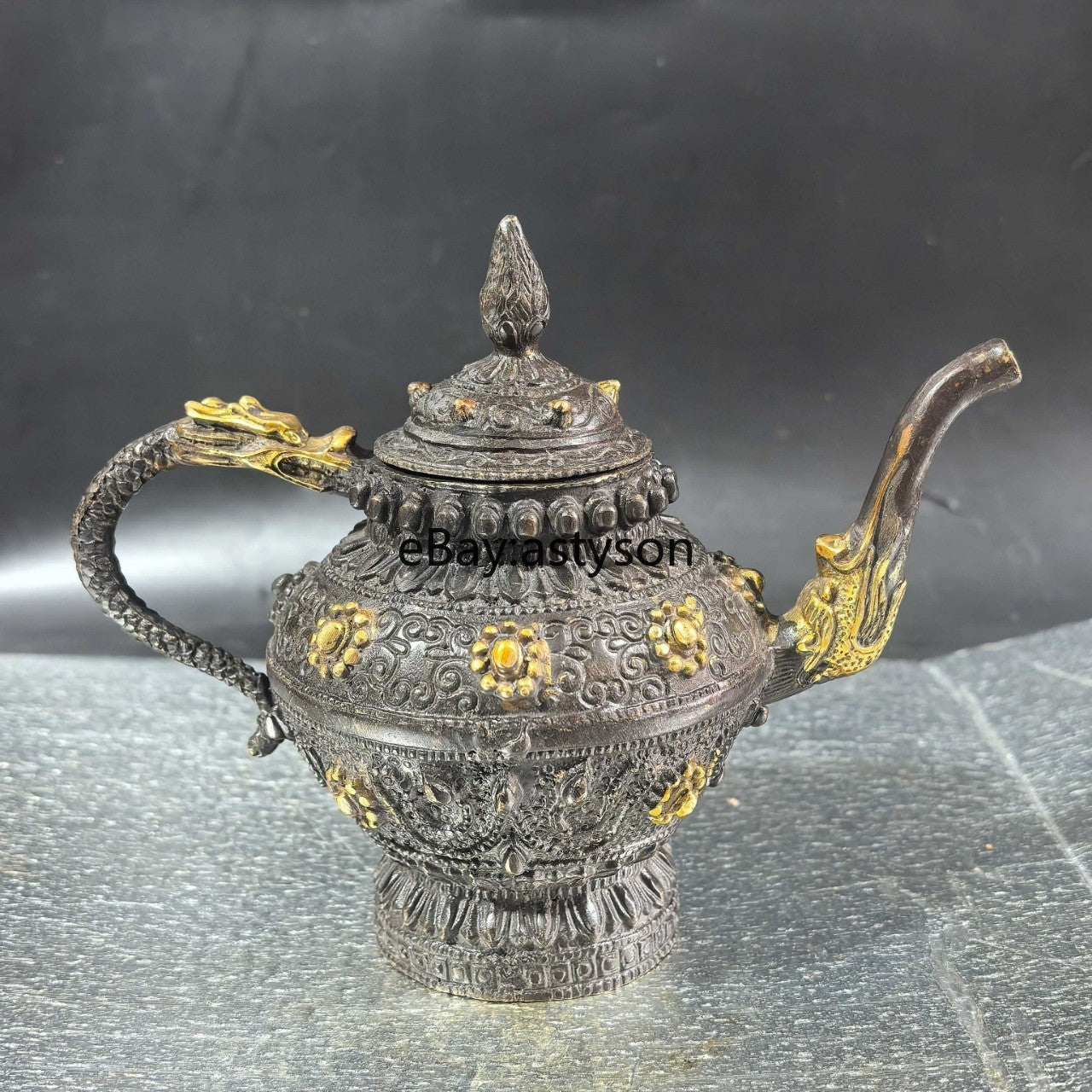6" Antique Old Chinese Dynasty Bronze Gilt Feng Shui Dragon Teapot Teakettle