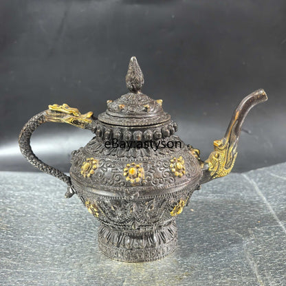 6" Antique Old Chinese Dynasty Bronze Gilt Feng Shui Dragon Teapot Teakettle