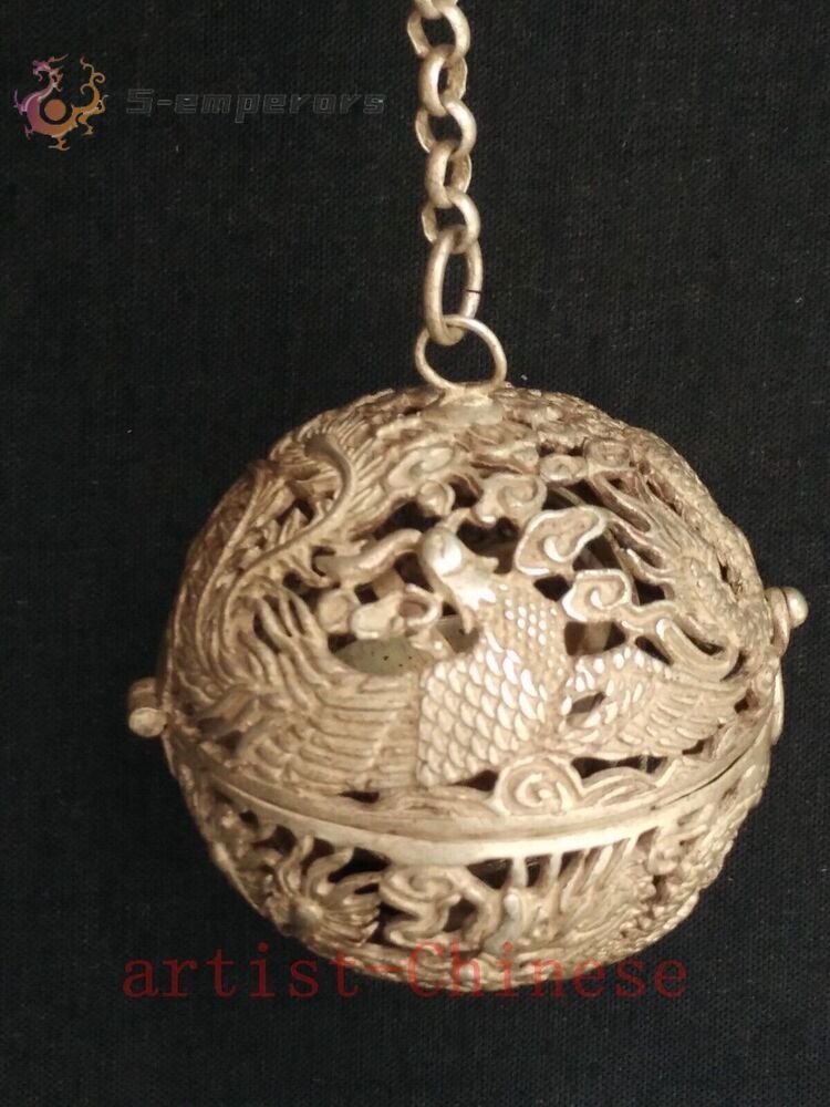 Collection Old China Tibet Silver Carving Dragon Phoenix Aromatherapy Decoration