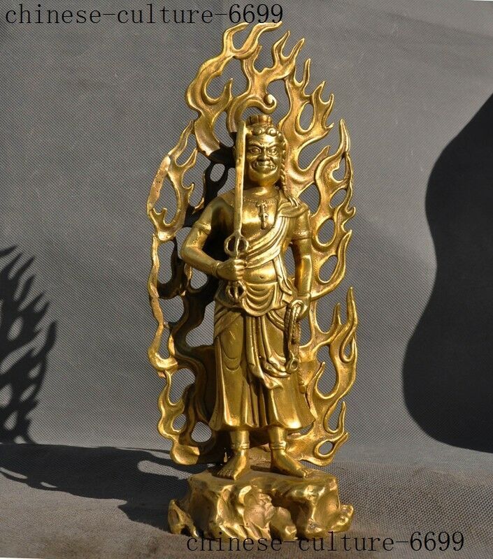 Old Tibetan Buddhism Brass Warrior Hold Katana Fudo Acalanatha Buddha Statue