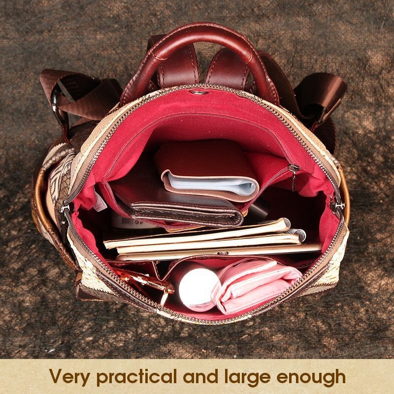 Retro Backpack Genuine Leather Shoulder Bags 12" Travel Bag Patchwork Multicolor
