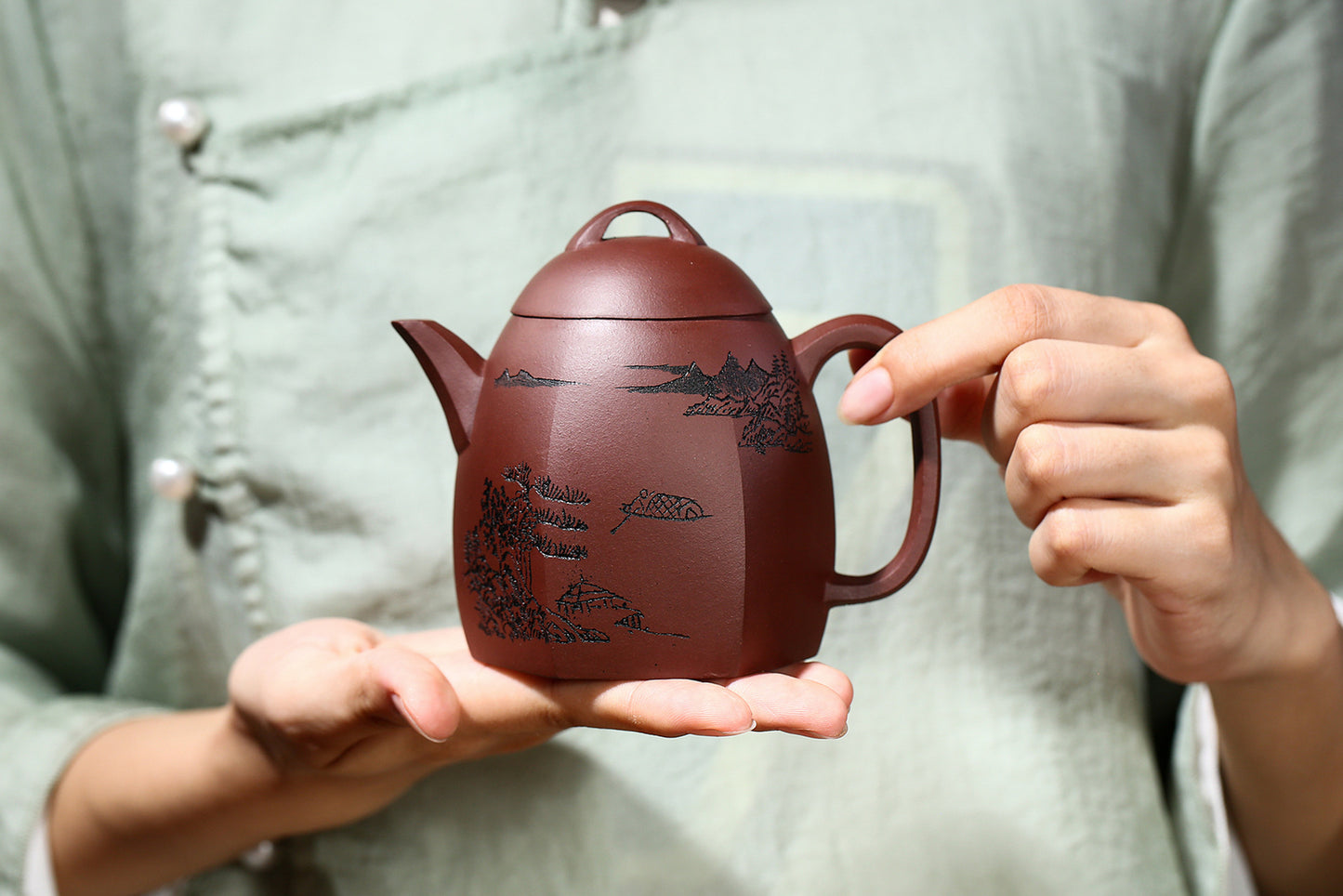 China Yixing Zisha Pottery Purple Clay Handmade 280cc Six Sides Landscape Teapot