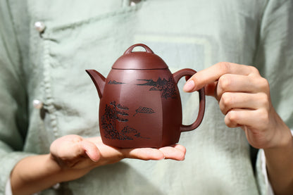China Yixing Zisha Pottery Purple Clay Handmade 280cc Six Sides Landscape Teapot