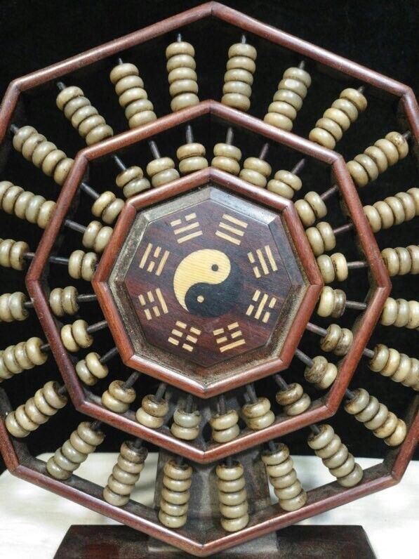 23cm Old Chinese hongtan Wood Tai Ji Ba Gua Counting Frame Lucky Abacus statue