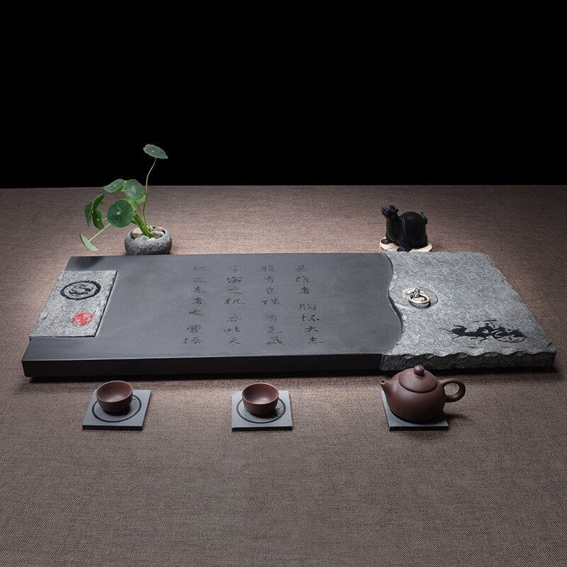 Courtyard Tea Table Weighted Stone Tea Tray Hand Carved Black Stone Tea Boat