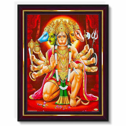 Lord Panchmukhi Hanuman Family HD Printed Religious Picture With Wooden Frame