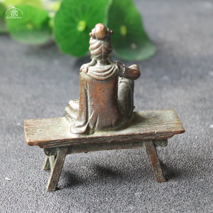 Antique Copper Bench Guanyin Bodhisattva Statue Desktop Ornament Buddha Figurine
