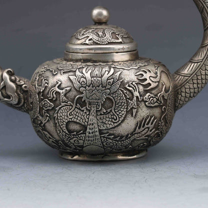 Collection Chinese Tibetan Silver Hand-Carved Dragon Teapot